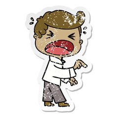 distressed sticker of a cartoon shouting man pointing finger