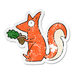 distressed sticker of a cartoon squirrel with acorn