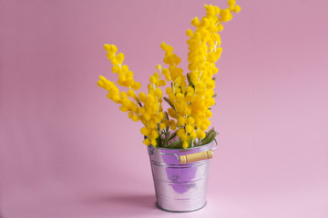 Spring background. Mother's day card March 8. Spring bouquet of flowers with Mimosa. International women day.