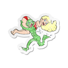 retro distressed sticker of a cartoon swamp monster carrying girl in bikini