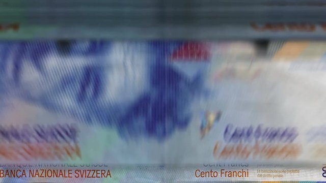 Money counting machine with 100 Swiss franc banknotes. Quick CHF currency down rotation. Business and economy concept loopable and seamless animation.