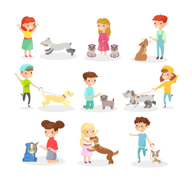 Vector illustration set of children playing with dogs. Happy boys and girls playing with dog, having fun together. Higs with pets concept in flat cartoon style isolated on white background.