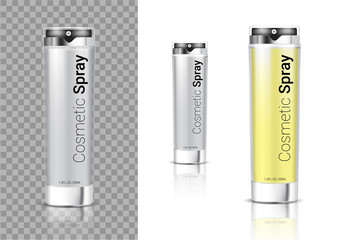 Mock up Realistic Transparent Spray Bottle Cosmetic or Oil for Skincare Product Packaging With Metallic and Cap on white Background Illustration