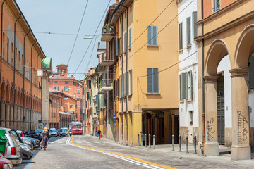 Fototapeta na wymiar BOLOGNA, ITALY - May 27, 2018: Street view of downtown Bologna, Italy