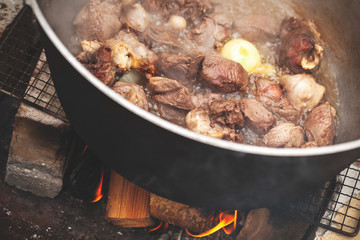 Lamb pieces and vegetables on fire