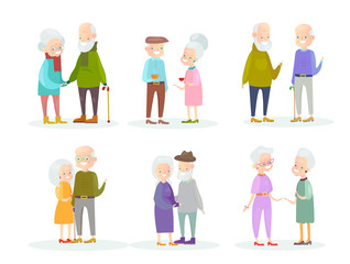 Vector illustration set of cute and lovely old people couples and old friends isolated on white background. Healthy and active grandparents. Elderly people characters in different positions and