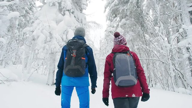 Young Teen Couple Hiking Winter Forest Trail. Travelling in winter concept. 