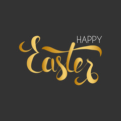 Happy Easter illustration with gold hand drawn lettering on black background. Vector Eps10.