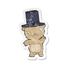 retro distressed sticker of a cartoon bear in top hat