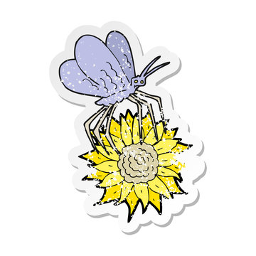 retro distressed sticker of a cartoon butterfly on flower