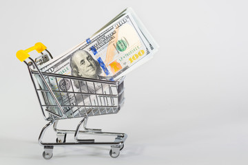 Dollars in the cart at the white background. Shopping, sales.