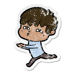 distressed sticker of a cartoon curious man