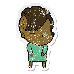 distressed sticker of a cartoon squinting girl