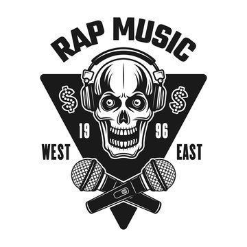 Rap music vector emblem with skull in headphones