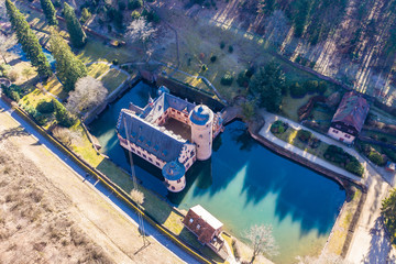 Aerial view, moated castle Mespelbrunn, Elsava valley, Spessart, Lower Franconia, Franconia, Bavaria, Germany