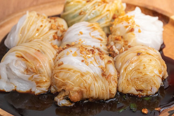 close up of Chives Dumpling or Gui Chai in Thai with sauce