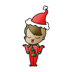 happy gradient cartoon of a girl in space suit wearing santa hat