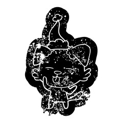 cartoon distressed icon of a dog sticking out tongue wearing santa hat