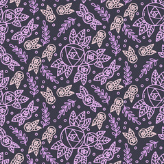Naklejka premium Doodle roses seamless line vector pattern