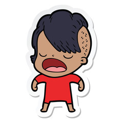 sticker of a cartoon cool hipster girl talking