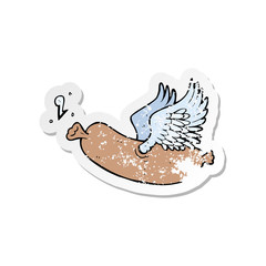 retro distressed sticker of a cartoon flying sausage