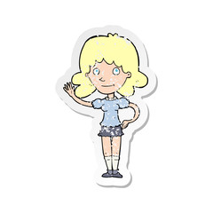 retro distressed sticker of a cartoon woman waving