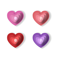 Paper heart vectors for Mother's Day and Woman's Day. Woman silhouette on different shape of paper hearts. Poster, banner, social media, cards, concept, vector illustrations.