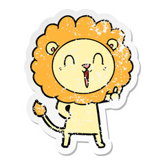 distressed sticker of a laughing lion cartoon