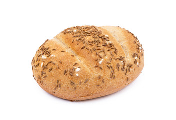 Crispy bun sprinkled with caraway isolated on white background