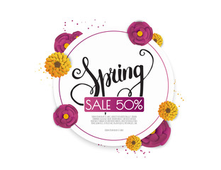 Spring sale background with paper flowers flower. Vector illustration template.banners.Wallpaper.flyers, invitation, posters.