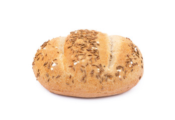 Crispy bun sprinkled with caraway isolated on white background