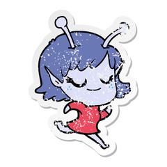 distressed sticker of a smiling alien girl cartoon running