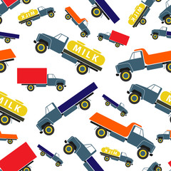 Seamless pattern. Colorful bright trucks. Background. Texture.
