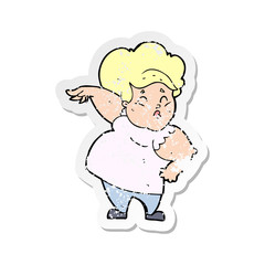 retro distressed sticker of a cartoon happy overweight lady