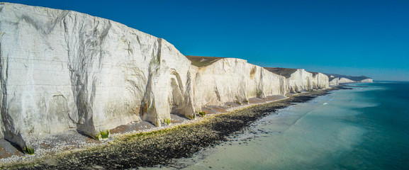 Aerial view over Seven Sisters White Cliffs at the coast of Sussex England