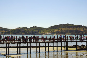 Fototapeta na wymiar Warteschlange mit Touristen vor dem Turm von Belém in Portugal bei Lissabon