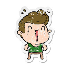 distressed sticker of a cartoon happy man