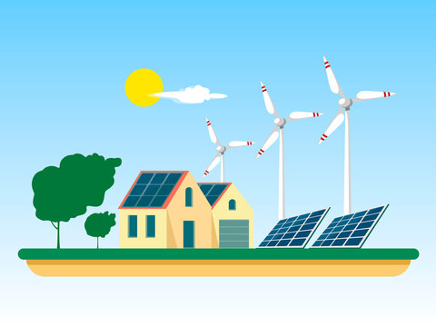 Clean electricity from alternative sources of sun and wind. Solar panels and wind turbines with a country house and trees. Vector illustration of a flat style.