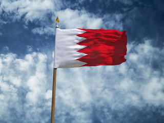 Bahrain flag Silk waving flag of Bahrain made transparent fabric with wooden flagpole gold spear on background sunny blue sky white smoke clouds real retro photo Countries of world 3d illustration