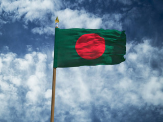 Bangladesh flag Silk waving flag of Bangladesh made transparent fabric with wooden flagpole gold spear on background blue sky white smoke clouds real retro photo Countries of world 3d illustration