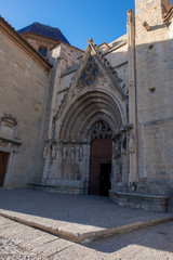Fototapeta na wymiar Stairs in Morella and the bell tower of the Santa Maria church