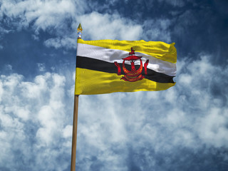 Brunei flag Silk waving flag of Brunei made transparent fabric with wooden flagpole gold spear on background sunny blue sky white smoke clouds real retro photo Countries of world 3d illustration