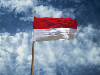Indonesia flag Silk waving flag of Indonesia made transparent fabric with wooden flagpole gold spear on background sunny blue sky white smoke clouds real retro photo Countries of world 3d illustration