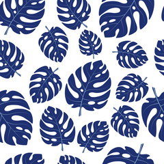 Fototapeta na wymiar Large green leaves of a tropical monstera plant on a white background. Seamless pattern. Vector illustration for your design.