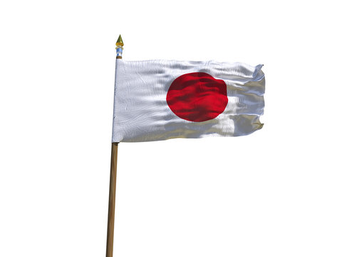 Japan flag Isolated Silk waving flag of Japan made transparent fabric with wooden flagpole golden spear on white background isolate real photo Flags world countries Red circle emblem 3d illustration