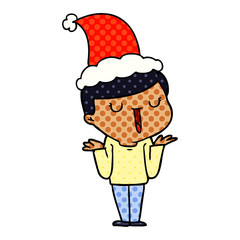comic book style illustration of a happy boy with no worries wearing santa hat
