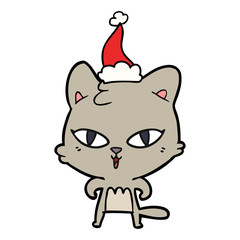 line drawing of a cat wearing santa hat