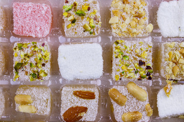 Assortment turkish delight in a box close-up