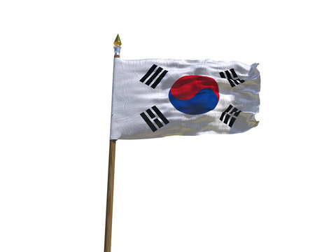 South Korea flag Isolated Silk waving flag of Republic of Korea made transparent fabric with wooden flagpole golden spear on white background isolate real photo Flags world countries 3d illustration