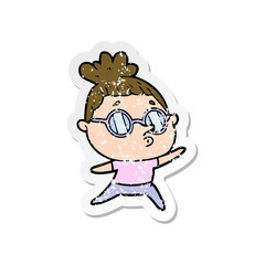 distressed sticker of a cartoon woman wearing glasses